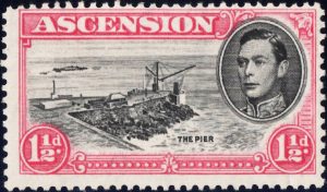 Ascension: 1949 1½d. Black & Rose-Carmine, Perf. 13 with Cut Mast and Railings. SG 40fb (MH)