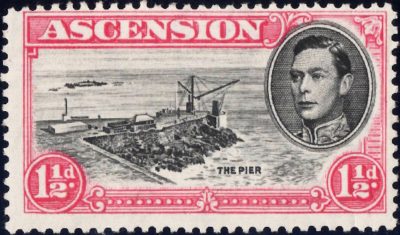 Ascension: 1949 1½d. Black & Rose-Carmine, Perf. 13 with Cut Mast and Railings. SG 40fb (MH)