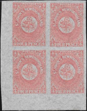 Newfoundland: 1862-64 4d. Rose-Lake Block of Four. SG 18 (MLH)