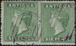 Antigua: 1863-67 6d. Green Pair, Wmk Upright. SG 8a (FU)