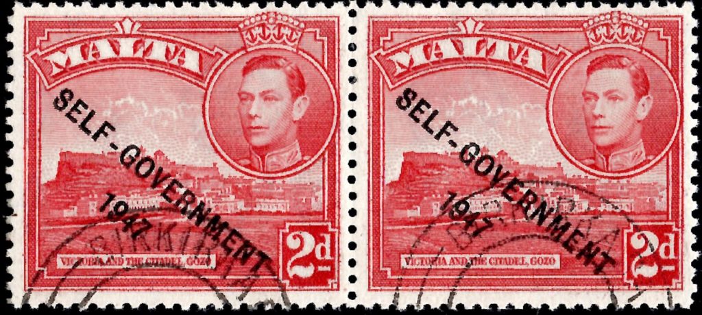 Malta: 1948-53 New Constitution. 2d. Scarlet Pair, One with Flag on Citadel. SG 238/238b (FU)