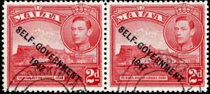 Malta: 1948-53 New Constitution. 2d. Scarlet Pair, One with Flag on Citadel. SG 238/238b (FU)