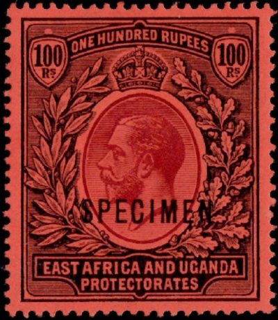 East Africa & Uganda: 1912-21 100r. Purple & Black/Red with Specimen Ovpt. SG 62s (MLH)