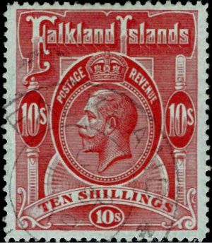 Falkland Islands: 1912-20 10s. Red/Green. SG 68 (FU)