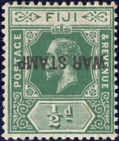 Fiji: 1915-19 ½d. Green War Stamp, Ovpt Inverted. SG 138c (MLH)