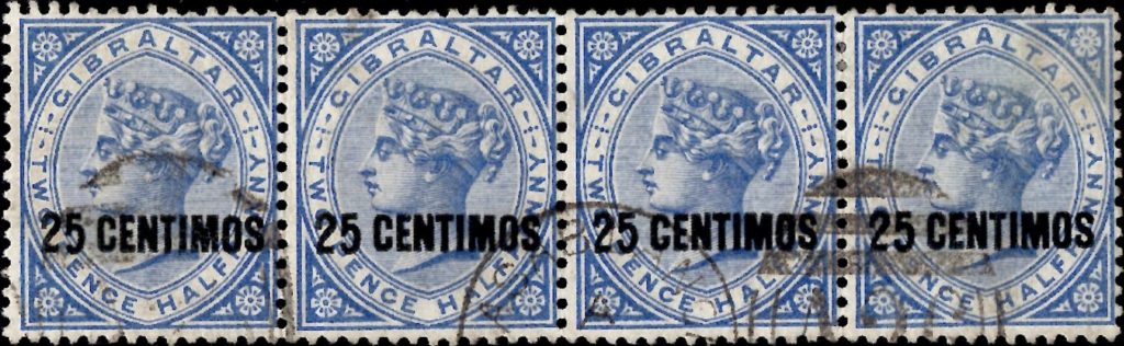 Morocco Agencies: Gibraltar 1889 25c. on 2½d. Bright Blue Strip of Four Used in Casablanca. SG Z14 (FU)