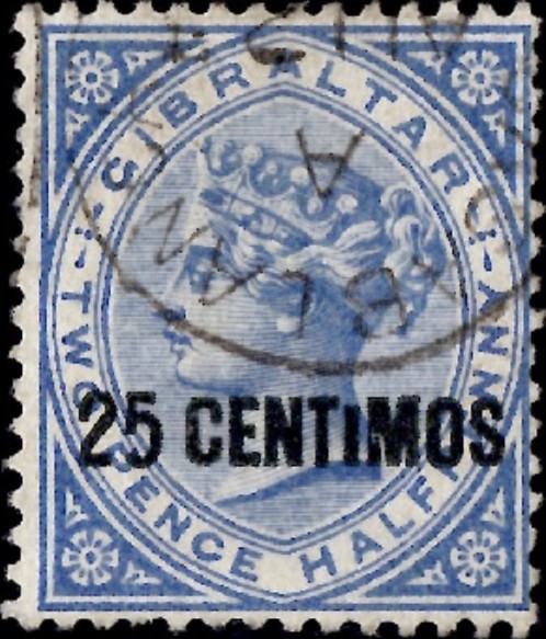 Morocco Agencies: Gibraltar 1889 25c. on 2½d. Bright Blue with Small 'I' Used in Casablanca. SG Z14 (var) (FU)