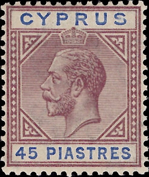 Cyprus: 1923 45pi. Dull Purple & Ultramarine. SG 99 (MLH)