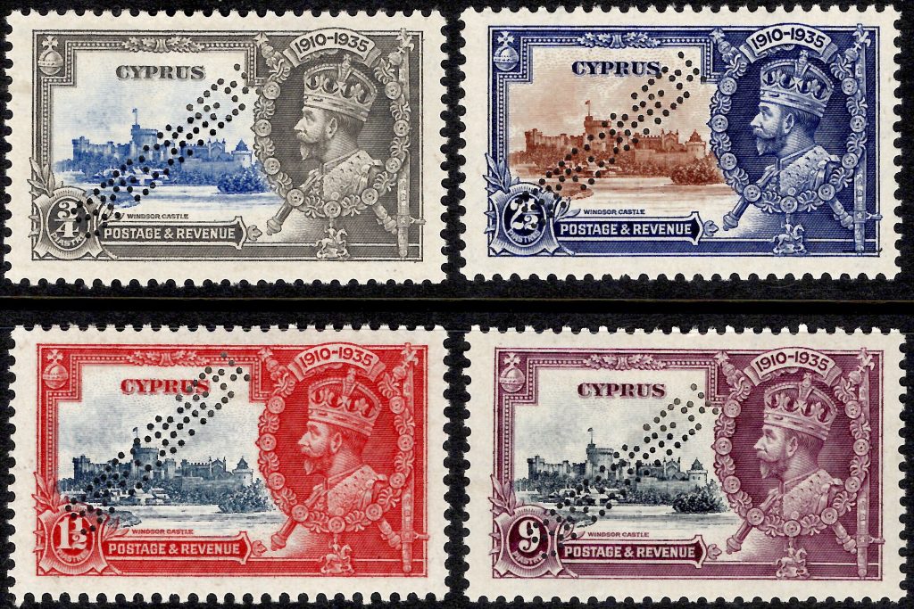 Cyprus: 1935 Silver Jubilee Set, Perf. SPECIMEN. SG 144s-147s (MH)