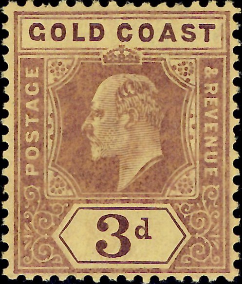 Gold Coast: 1907-13 3d. Purple/Yellow with Damaged Frame & Crown. SG 63a (MLH)