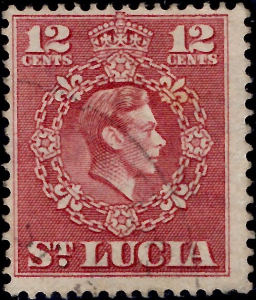 Saint Lucia: 1950 12c. Claret, Perf. 14½ x 14. SG 153a (FU)