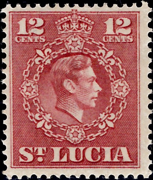 Saint Lucia: 1950 12c. Claret, Perf. 14½ x 14. SG 153a (MNH)