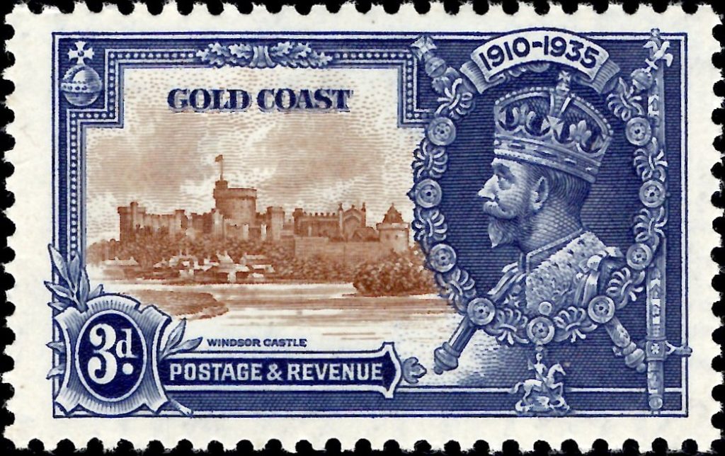 Gold Coast: 1935 Silver Jubilee 3d. Brown & Deep Blue with Lightning Conductor. SG 114c (MLH)