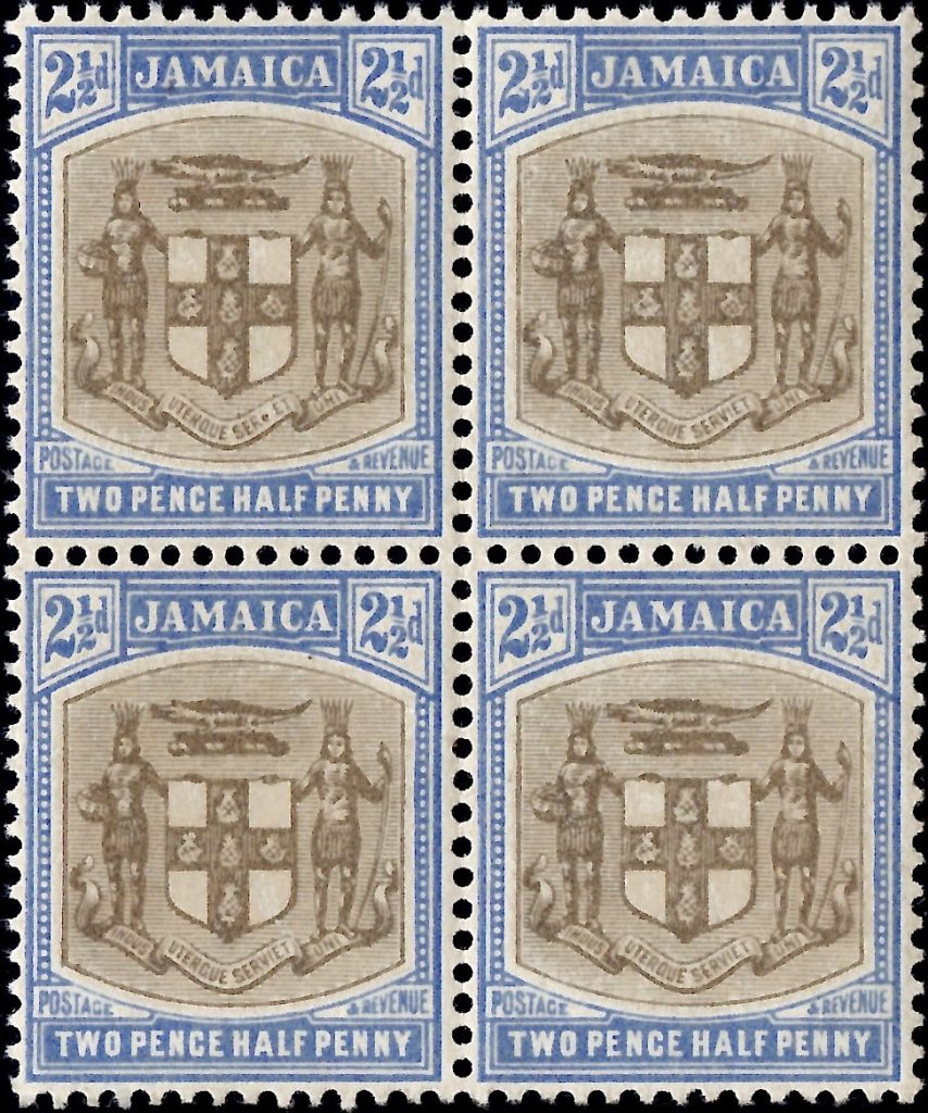 Jamaica: 1903-04 2½d. Grey & Ultramarine Block of Four, One with "SER.ET" for SERVIET" Variety. SG 35/35a (MNH)