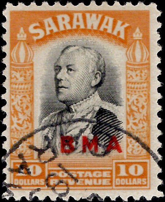 Sarawak: 1945 $10 Black & Yellow. SG 145 (FU)
