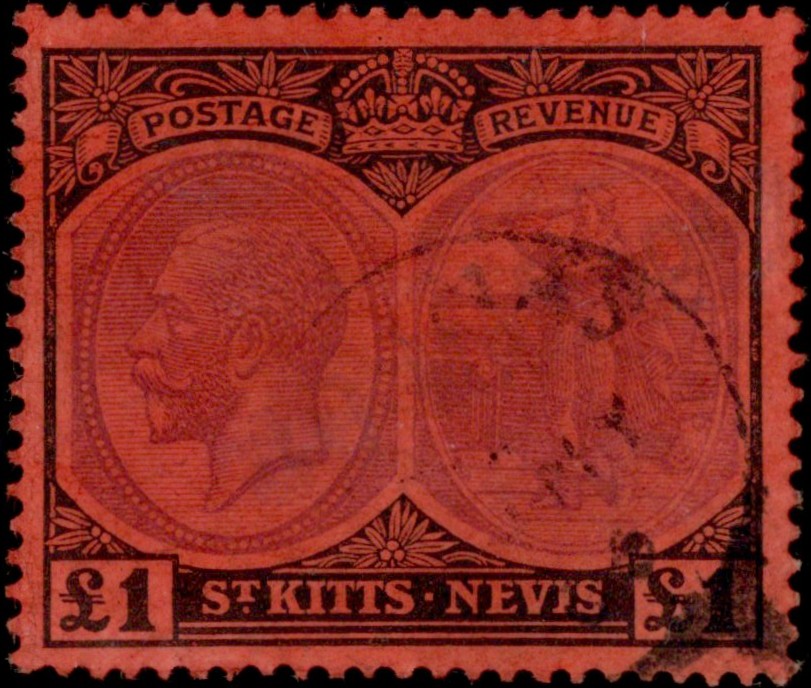 Saint Kitts-Nevis: 1922 £1 Purple & Black/Red. SG 36 (FU)