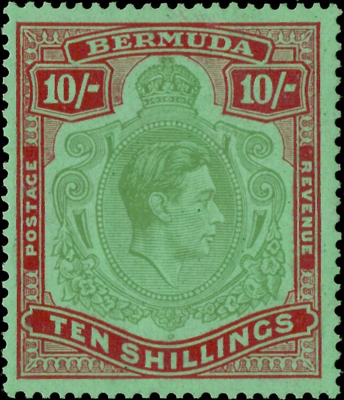 Bermuda: 1939 10s. Bluish Green & Deep Red/Green. SG 119a (MNH)