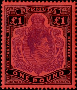 Bermuda: 1952 £1 Bright Violet & Black/Scarlet. SG 121e (MNH)