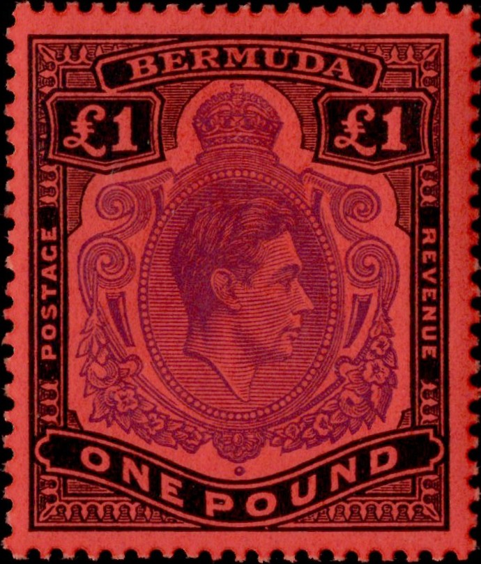 Bermuda: 1952 £1 Bright Violet & Black/Scarlet. SG 121e (MNH)