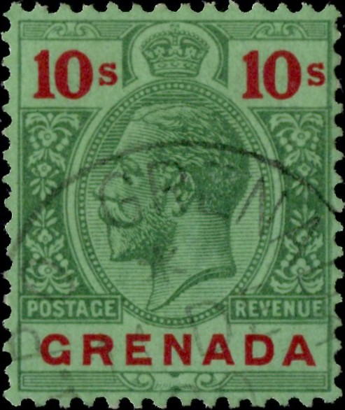 Grenada: 1923 10s. Green & Red/Emerald. SG 134 (FU)