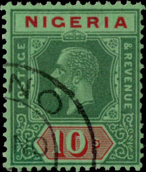 Nigeria: 1925 10s. Green & Red/Green, Die II. SG 29 (FU)