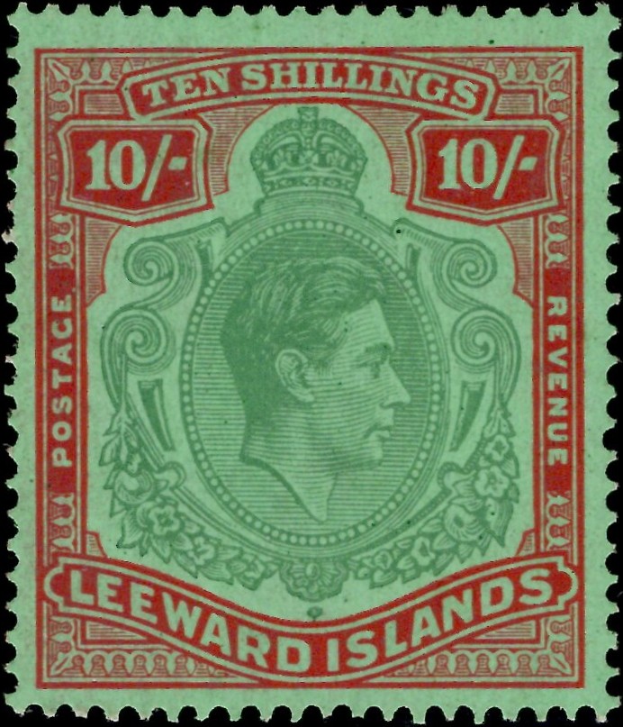 Leeward Islands: 1938-51 10s. Bluish Green & Deep Red/Green. SG 113 (MNH)