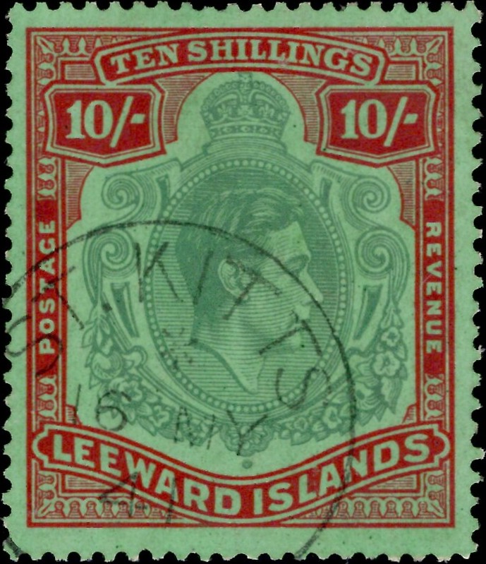 Leeward Islands: 1938-51 10s. Bluish Green & Deep Red/Green. SG 113 (FU)