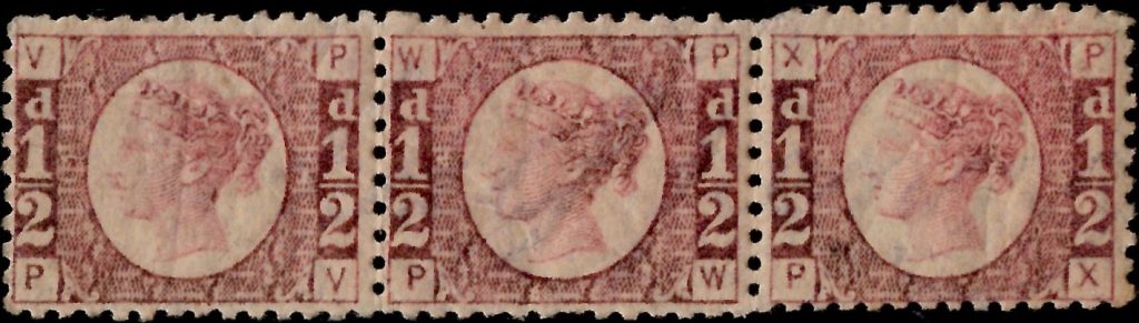 Queen Victoria: 1870-79 ½d. Rose-Red (PV-PY), Plate 14 Strip of Three. SG 48 (MNH)