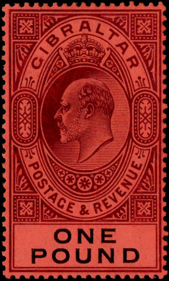 Gibraltar: 1908 £1 Deep Purple & Black/Red. SG 64 (MLH)