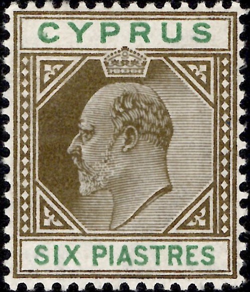 Cyprus: 1904 6pi. Sepia & Green. SG 67 (MLH)