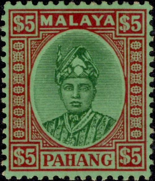 Pahang: 1936 $5 Green & Red/Emerald. SG 46 (MLH)