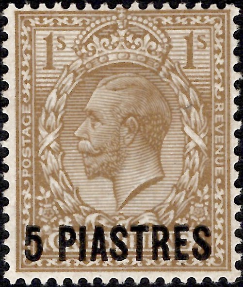 British Levant: 1914 5pi. on 1s. Bistre-Brown. SG 40 (MLH)