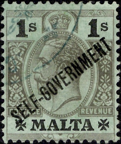 Malta: 1922 1s. Black/Emerald. SG 110 (FU)