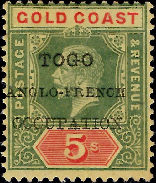 Togo: 1915 5s. Green & Red/Yellow with Small 'F' in 'FRENCH'. SG H44a (MLH)