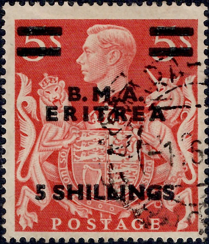British Occ. Italian Colonies (Eritrea): 1948-49 5s. on 5s. Red. SG E11 (FU)