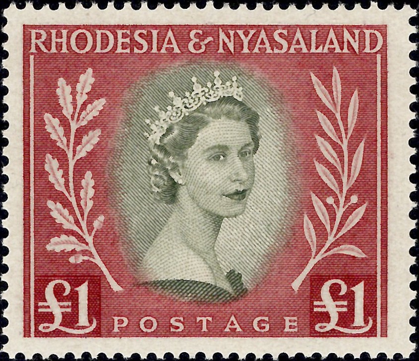 Rhodesia & Nyasaland: 1954-56 £1 Olive-Green & Lake. SG 15 (MNH)